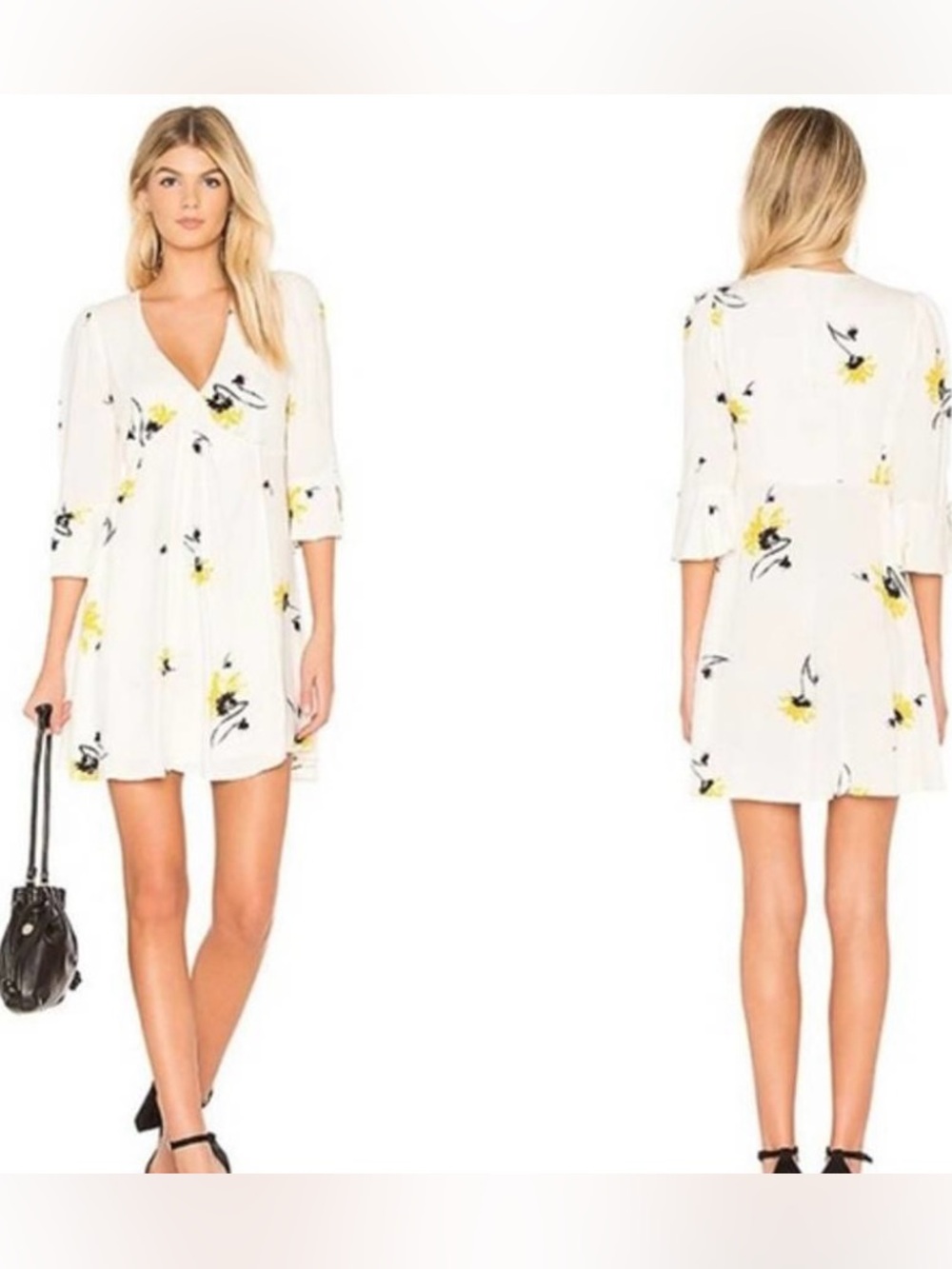 Free People White Floral Mini Dress with Yellow Accents